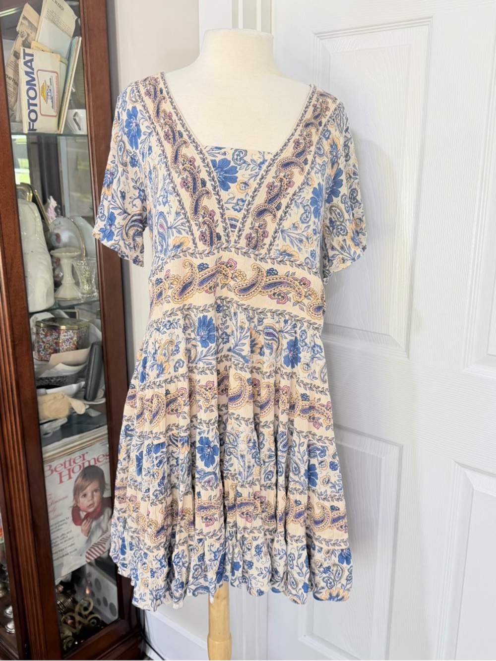Bila Blue and Cream Paisley Floral V-Neck Mini Dress